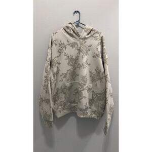 NWT Drill Social Club Rose Print Hoodie Men's Large Ecru Flocked Fleece